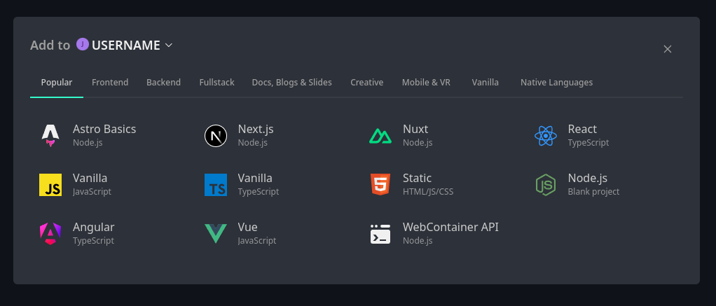 Рис 1. Создаём проект в Stackblitz